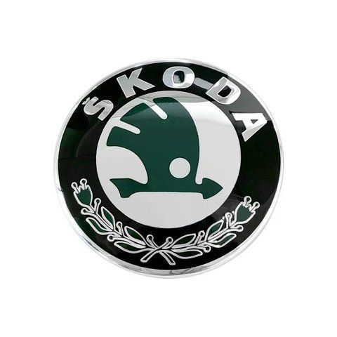 Емблема передня SKODA зелена 90мм пластикова (на скотчі + 2 направляючі) OEM 32D853621A 118028 фото