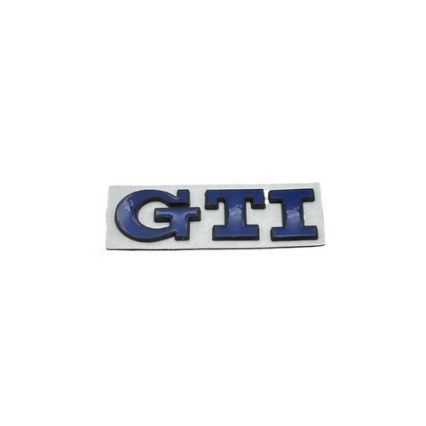 Емблема напис GTI для Volkswagen синя з чорною окантовкою 79х23 мм метал (на скотчі) 183944 фото