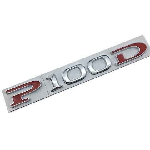 Емблема напис P100D для Tesla 140х17мм ХРОМ+ЧЕРВОНИЙ метал (на скотчі) 183740 фото